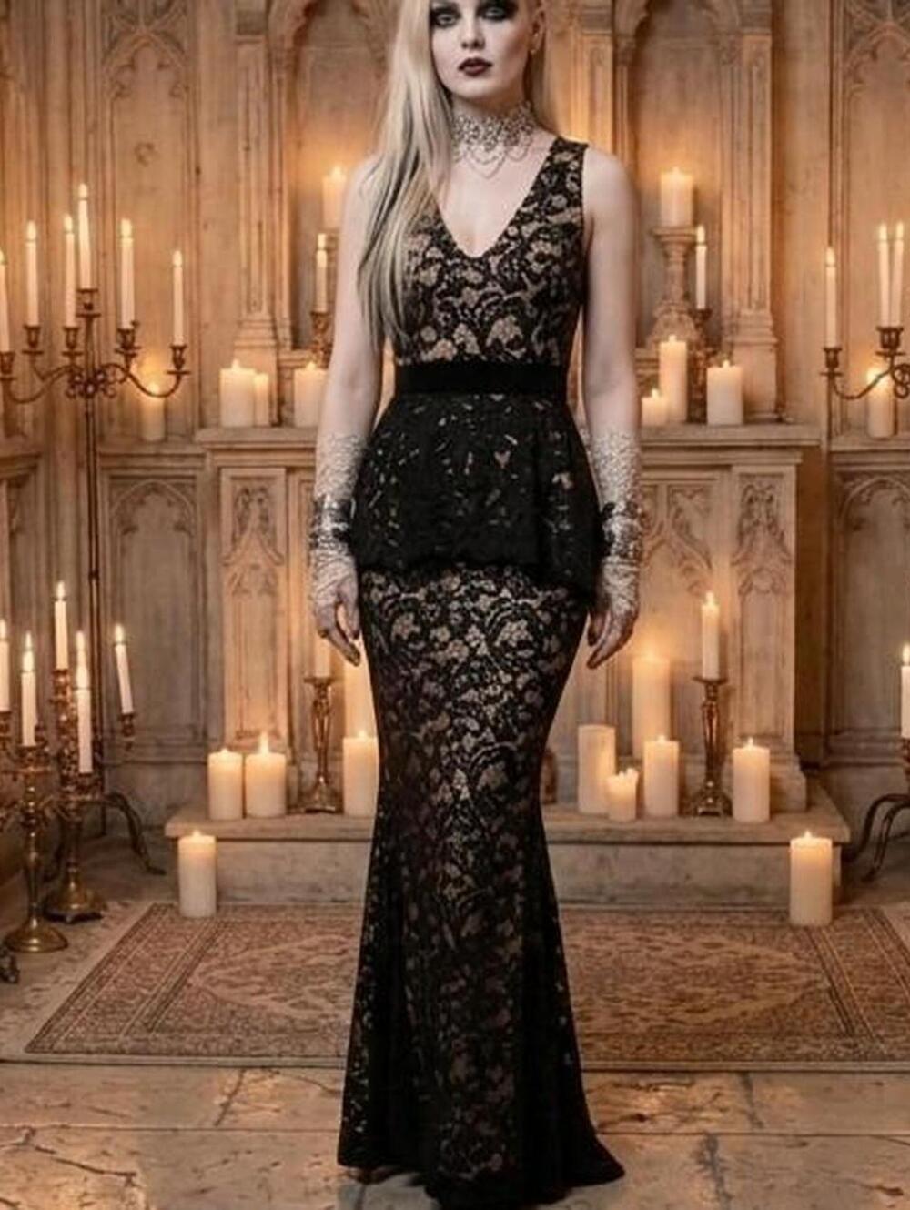Gothic black lace overlay peplum maxi evening gown with nude lining.